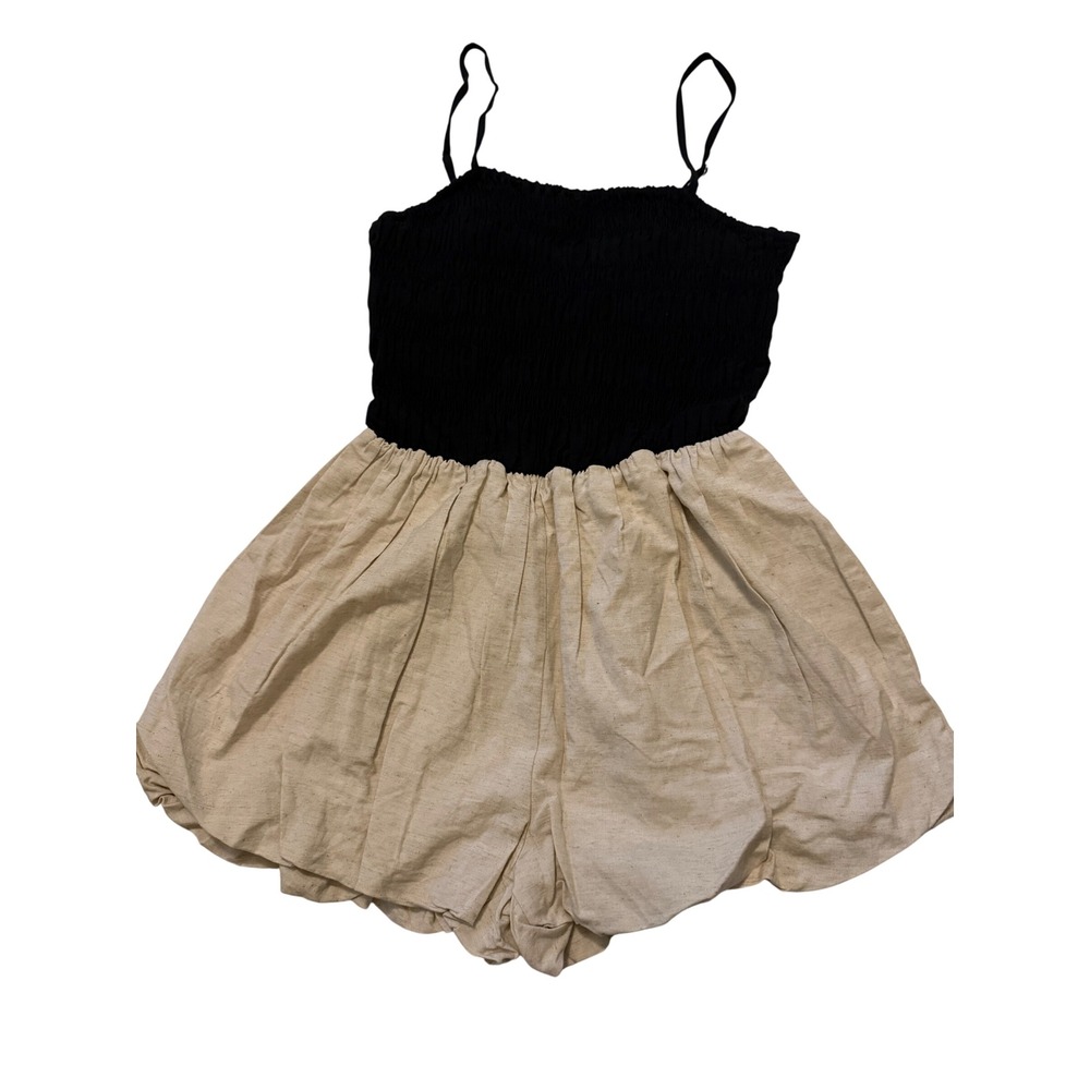 Newille Black Smocked Beige Balloon Shorts Romper Small Adjustable Straps